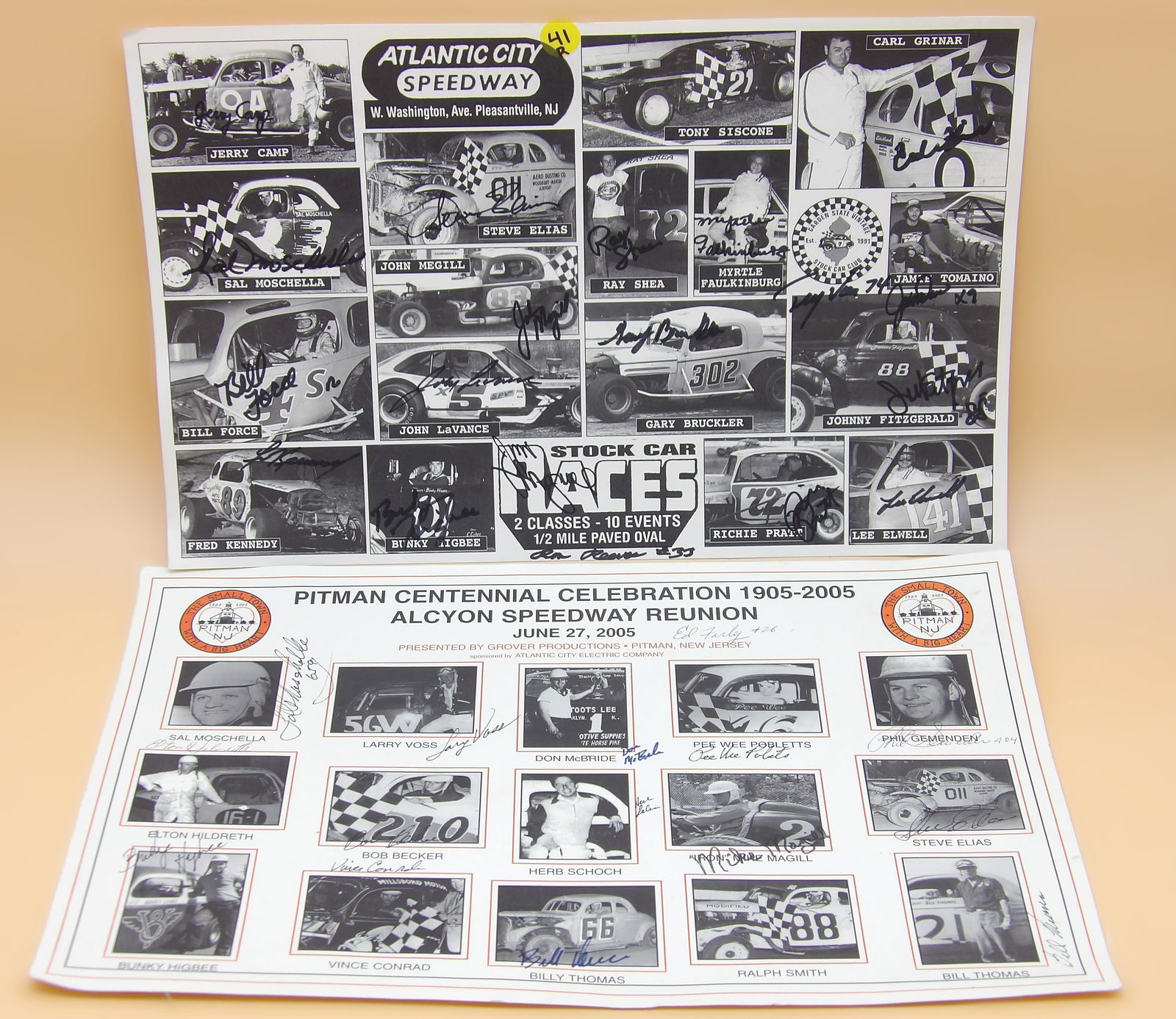 Atlantic City / Alcyon Speedway Autographed Posters: This pair of vintage racing posters includes Atlantic City Speedway and The Alcyon Speedway (Pitman NJ) Racing Reunion. Both posters are autographed by a myriad of classic-era drivers. Measures: 17"