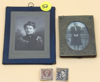 Framed Vintage Photos (2) and Vintage Stamps (2)