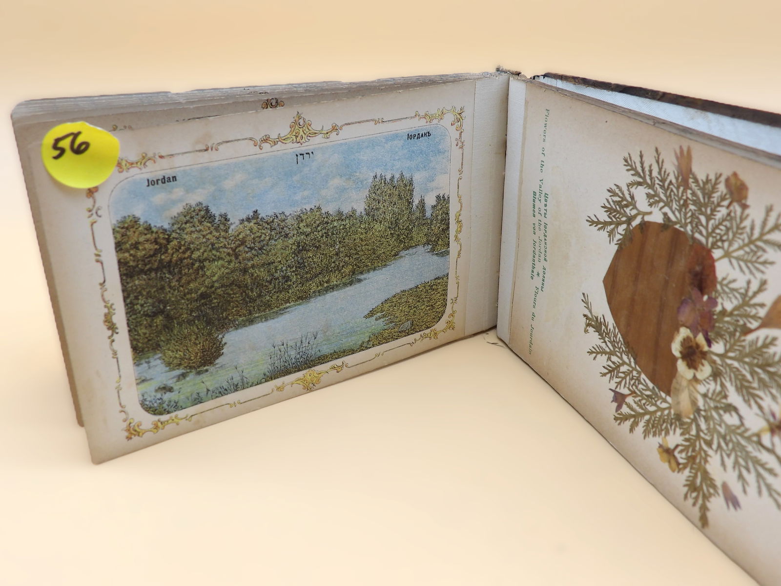 Jerusalem Souvenir Book: This vintage "Flowers & Views of The Holy Land" souvenir book features lovely prints of locations, mountains, and flora of Jerusalem. The book has a solid wood (possibly olive) cover. Mid 20th