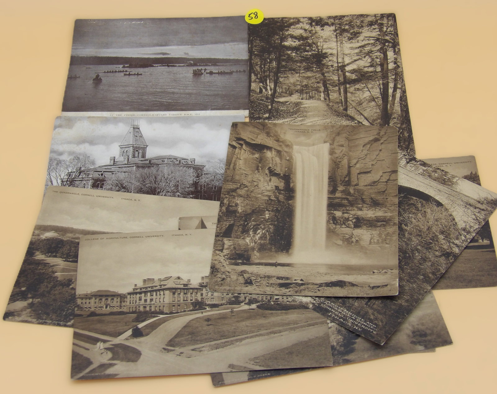 Sepia Albertype Post Cards (10): This collection of 10 vintage Albertye postcards show highlights of Cornell University in Ithica, New York. Early 20th Century. Measures: 8" x 6" and 7" x 5.5"