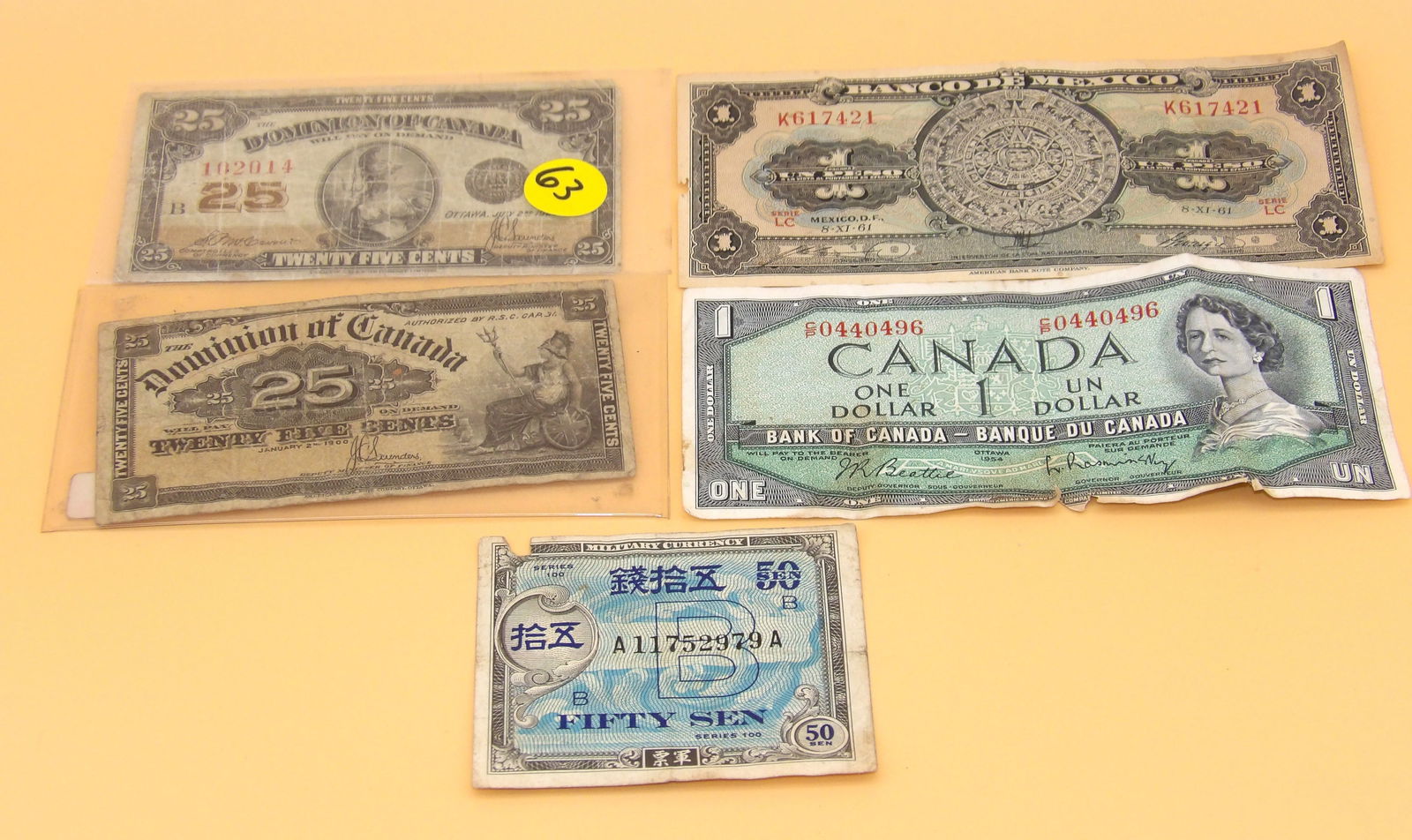 Vintage International Paper Money - Occupied Japan, Canada, Mexico (5 pcs) (1 of 2)