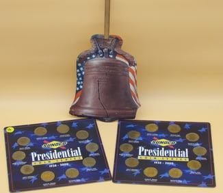 Sunoco Presidential Coin Series (x2) and Lester Pianos Liberty Bell Advertising Hand Fan