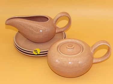 Russel Wright Lidded Sugar Bowl, Creamer, Saucer, Plates