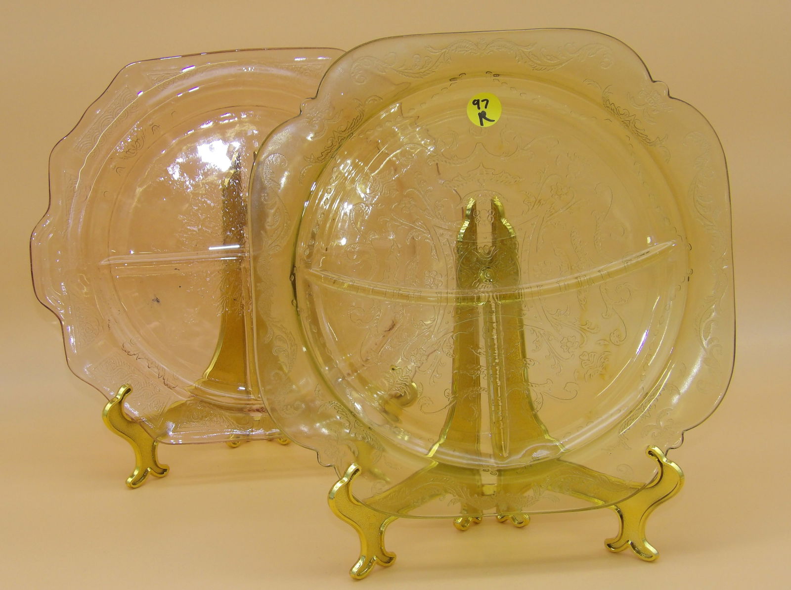 Hocking Princess Pink & Federal Glass Madrid Amber 3-Section Grill Plates (2 pcs): This vintage grill plate duo includes a Hocking Princess Pink, and a Fedral Glass Madrid Amber. Early 20th Century depression glass. Measures: 9.5" x 10.5" & 10.5" x 10.5"