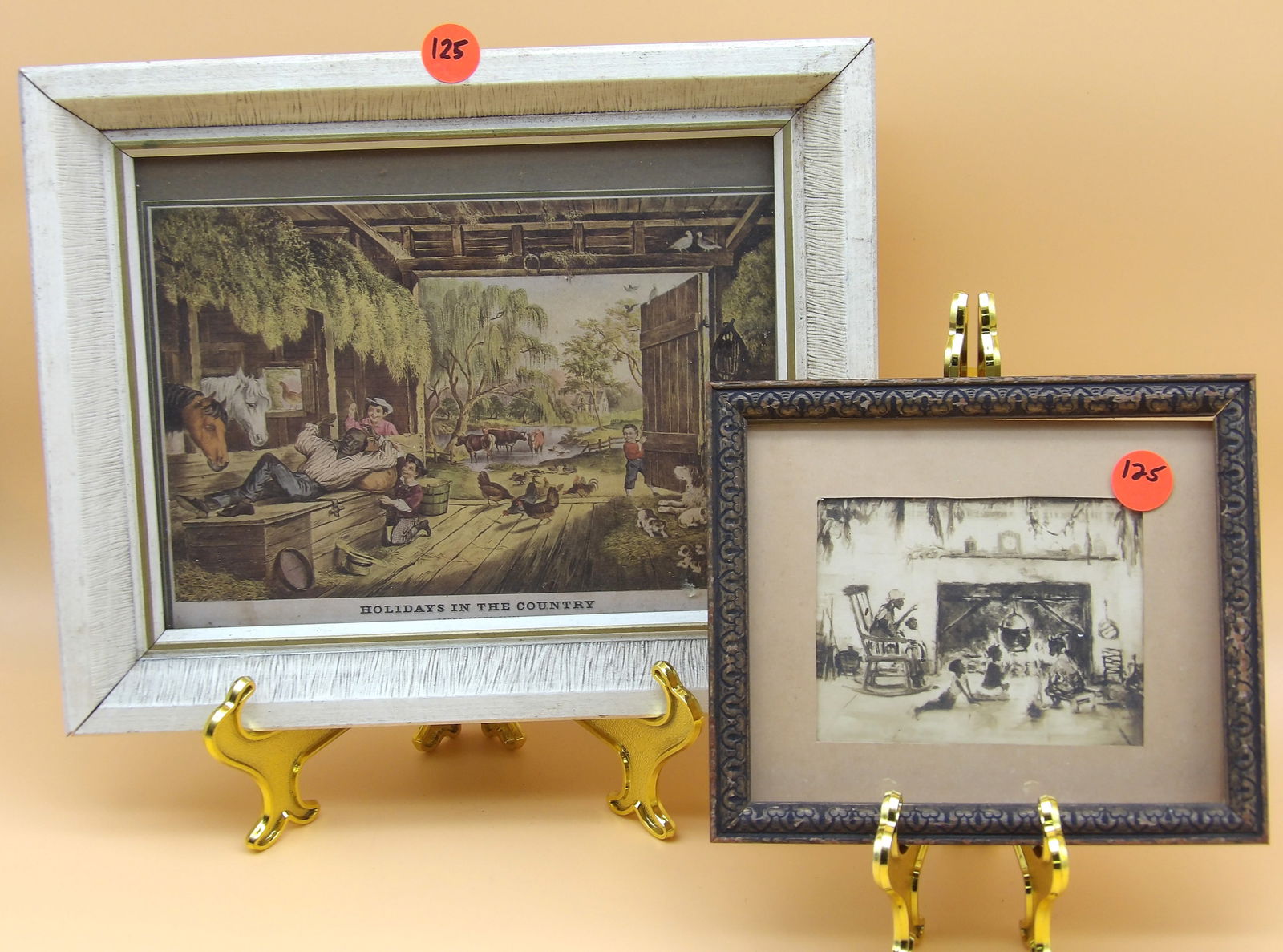 "Holidays In The Country" and "Possum Stew" Framed Art: This pair of framed art includes a print of "Holidays In The Country" and the etching "Possum Stew" by Hartling 1937. Measures 6" x 7" and 11" x 9".