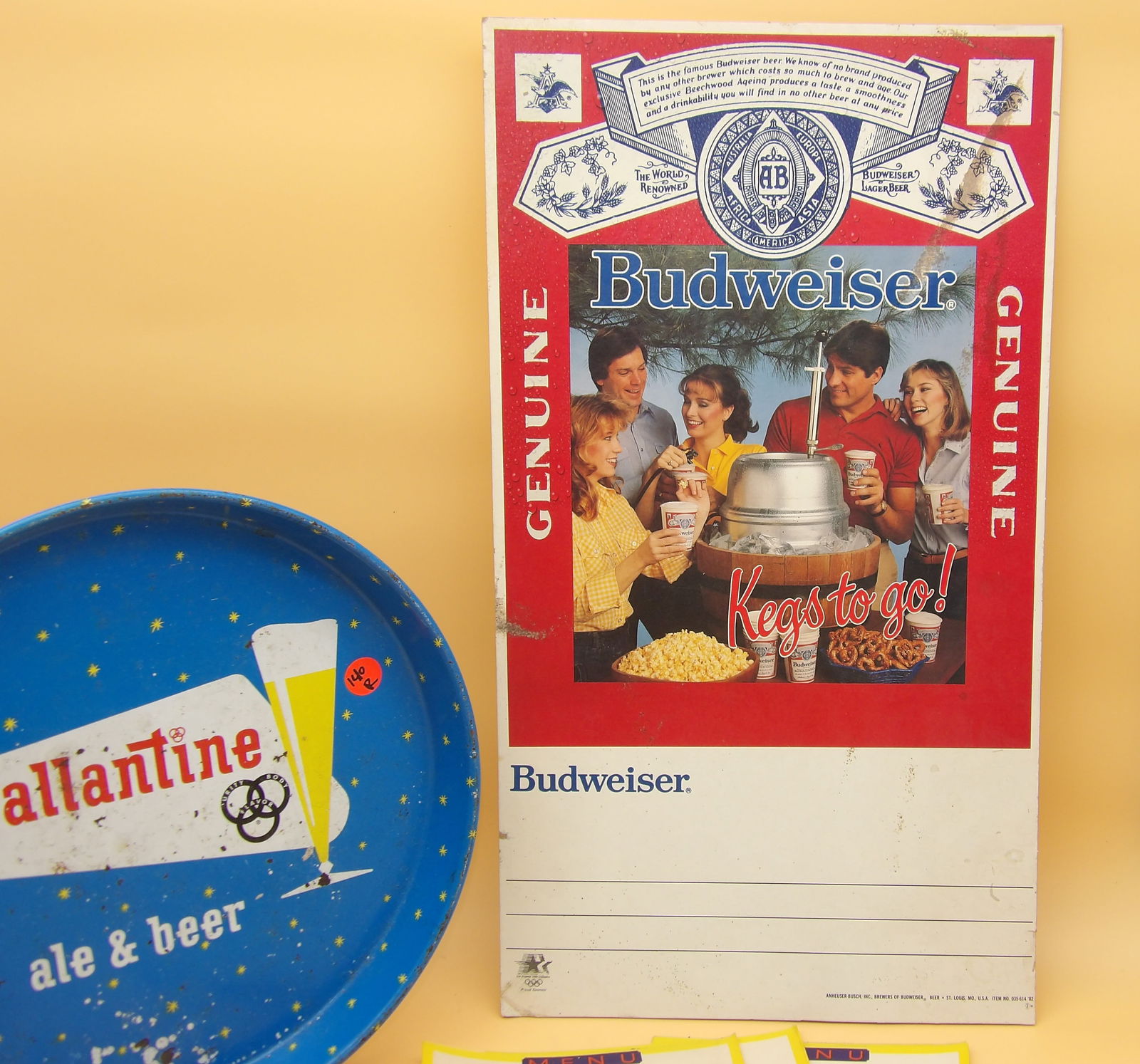 Budwesier "Kegs To Go" Advertising Sign, Esslinger Beer Menu Sheets, Ballantine Tin Sign/Tray, - 3
