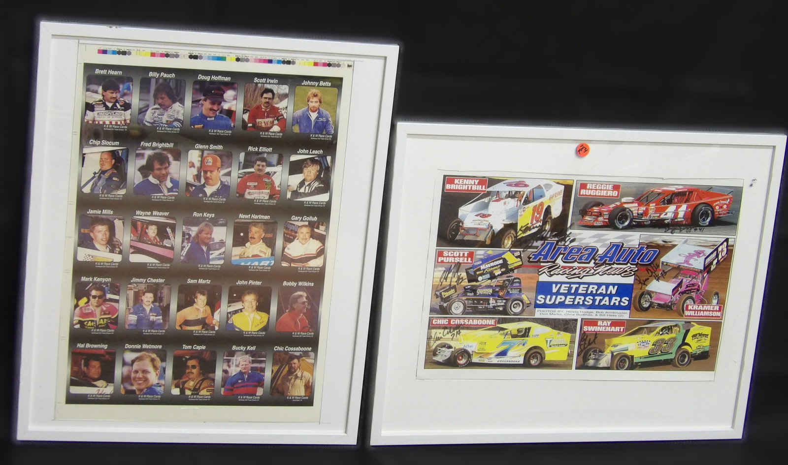Framed Racing Posters (2): This pair of framed racing posters includes Area Racing News (Autographed!) and K&W Race Cards Drivers. 1990's. Measures 22" x 18"