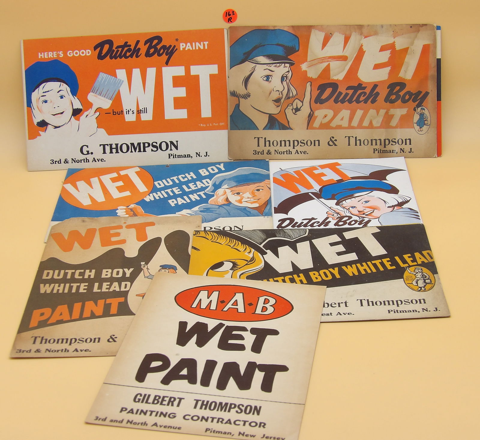 Dutch Boy / M.A.B. / Pittsburgh Paint Signs (9): This awesome lot of 9 vintage paint signs (brands Dutch Boy, M.A.B., and Pittsburgh Paints) are originally from local shops in Pitman NJ. 1950's. Measures 10.5" x 7.5"