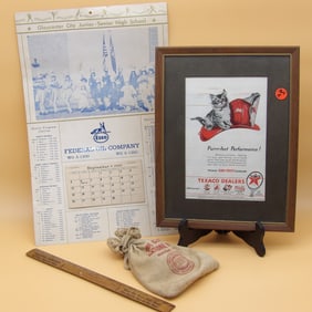 Esso Oil / Gloc. City High School Promotional Calender, Texaco Framed Ad, Clayton National Bank