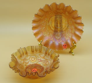 Northwood Grape & Cable "Good Luck" Ruffled Bowl, Fenton Heart & Vine Ruffled Bowl