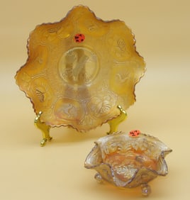 Fenton Dragon & Lotus Amber Ruffled Bowl & 3 Footed Sauce & Berry Panther Bowl