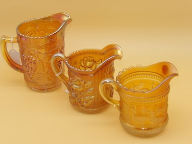 Imperial Grape Mid-Sized Pitcher, Imperial Marigold Luster Rose Milk Pitcher, Northwood Peacock At