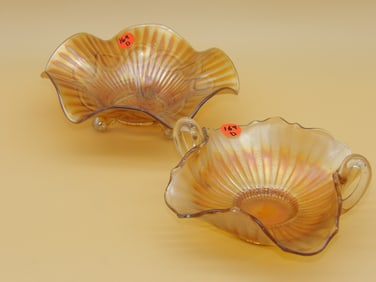 Fenton Marigold Stippled Rays Double-Handled Bonbon Dish, Iridescent Ruffled Bowl