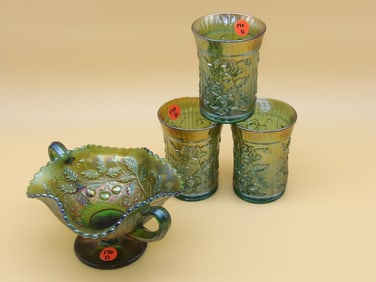 Northwood 3 Fruits Green Bonbon Bowl, Imperial Luster Rose Tumblers (3)
