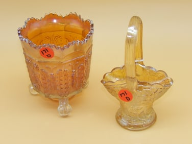 Fenton Marigold Butterfly and Berry Glass Spoone & Marigold Iridescent Crackle Glass Basket