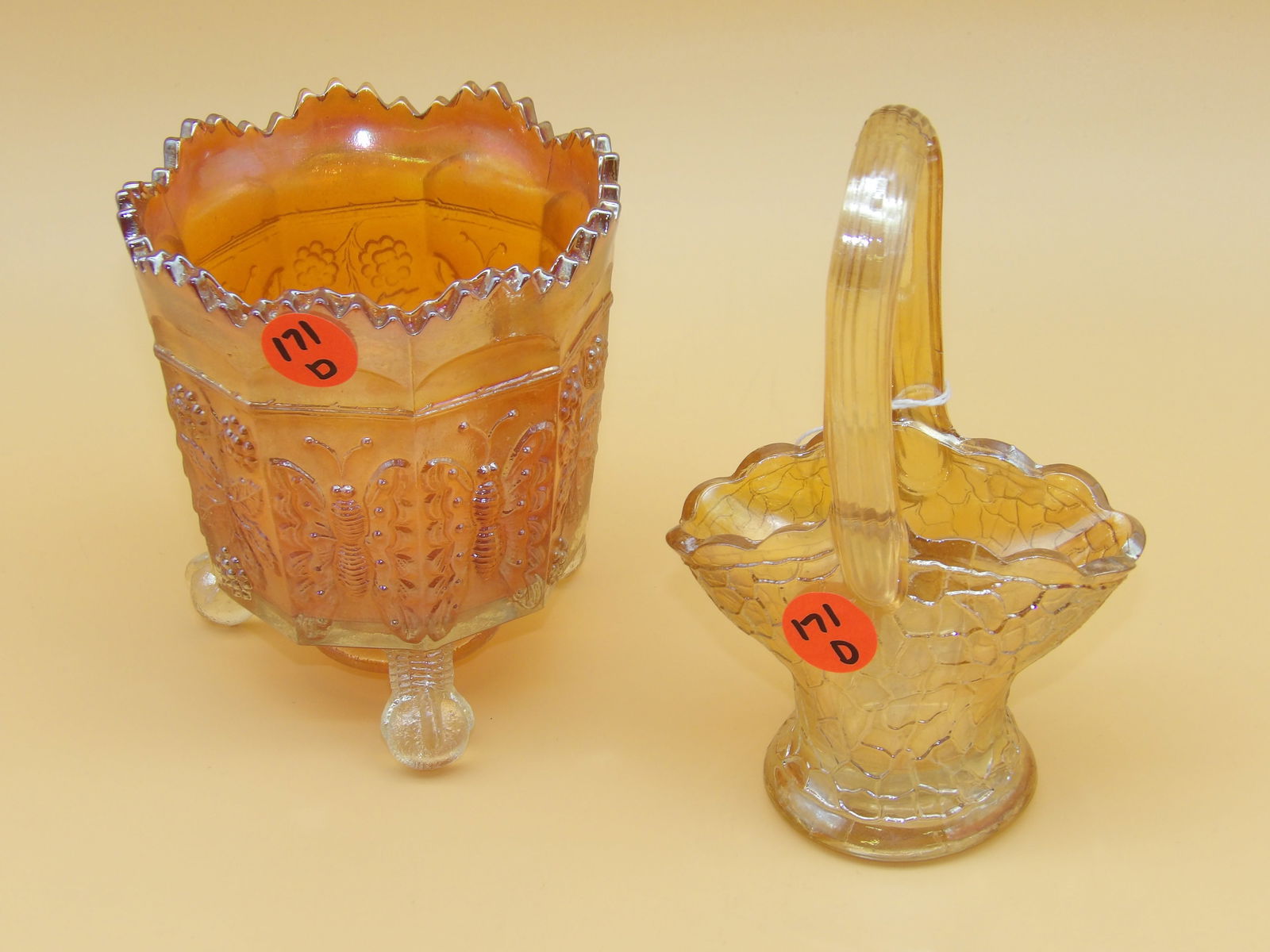 Fenton Marigold Butterfly and Berry Glass Spoone & Marigold Iridescent Crackle Glass Basket (1 of 3)