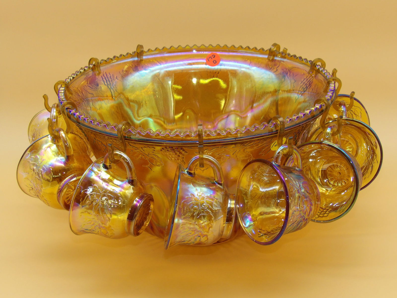 Indiana Glass Princess Punch Set - Iridescent Gold: This special edition Princess Punch sets from Indiana Glass comes in Iridescent Gold (Bowl, 12 Cups, 11 Hooks)