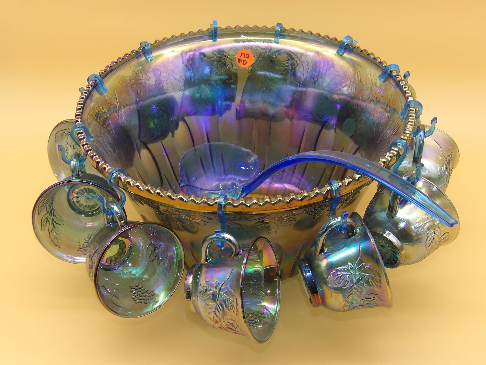 Indiana Glass Princess Punch Set - Iridescent Blue: This special edition Princess Punch sets from Indiana Glass comes Iridescent Blue (Bowl, 12 Cups, 12 Hooks, 1 Ladel). Comes in original box. 1970's.