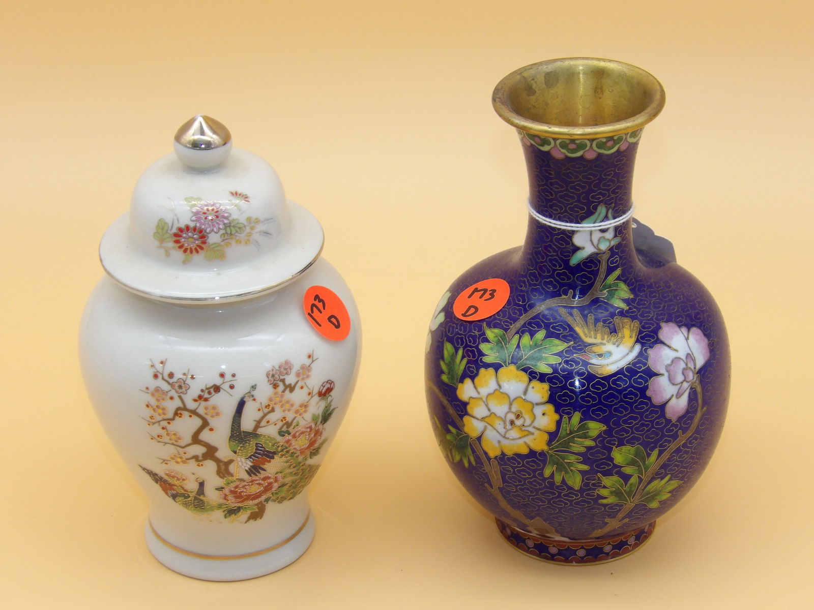 Satsuma Porcelain Ginger Jar, Chinese Cloisonne Blue Vase: This lot includes Satsuma Porcelain Ginger Jar (Handpainted peacock & cherry w/ gold trim - 6" x 4"), and Chinese Cloisonne Blue Vase (6.5" x 4"). Early - Mid 20th Century