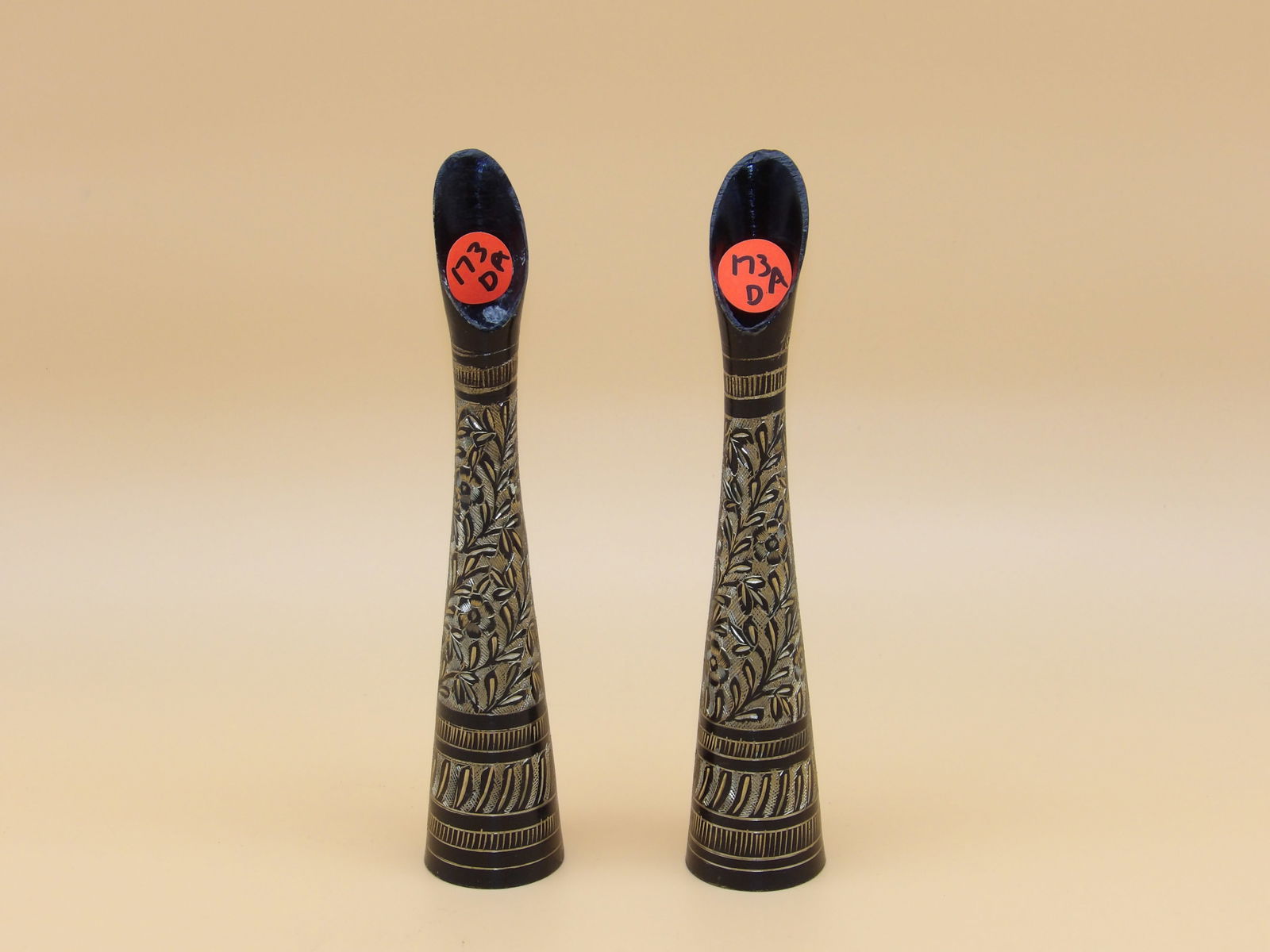 Brass/Enamel Bud Vases (2): This pair of Brass/Enamel Bud Vases measures 8" x 1.5".