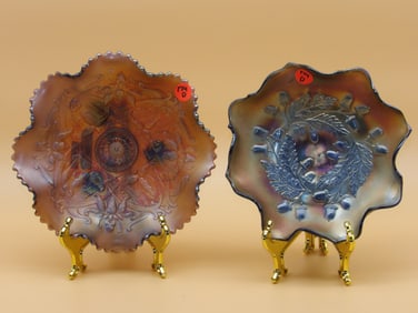 Northwood 3 Fruits Sawtooth Footed Bowl, Fenton Iredescent Acorn Ruffled Bowl