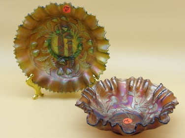 Fenton Thistle Ruffled Bowl, Northwood Strawberry Ruffled Bowl