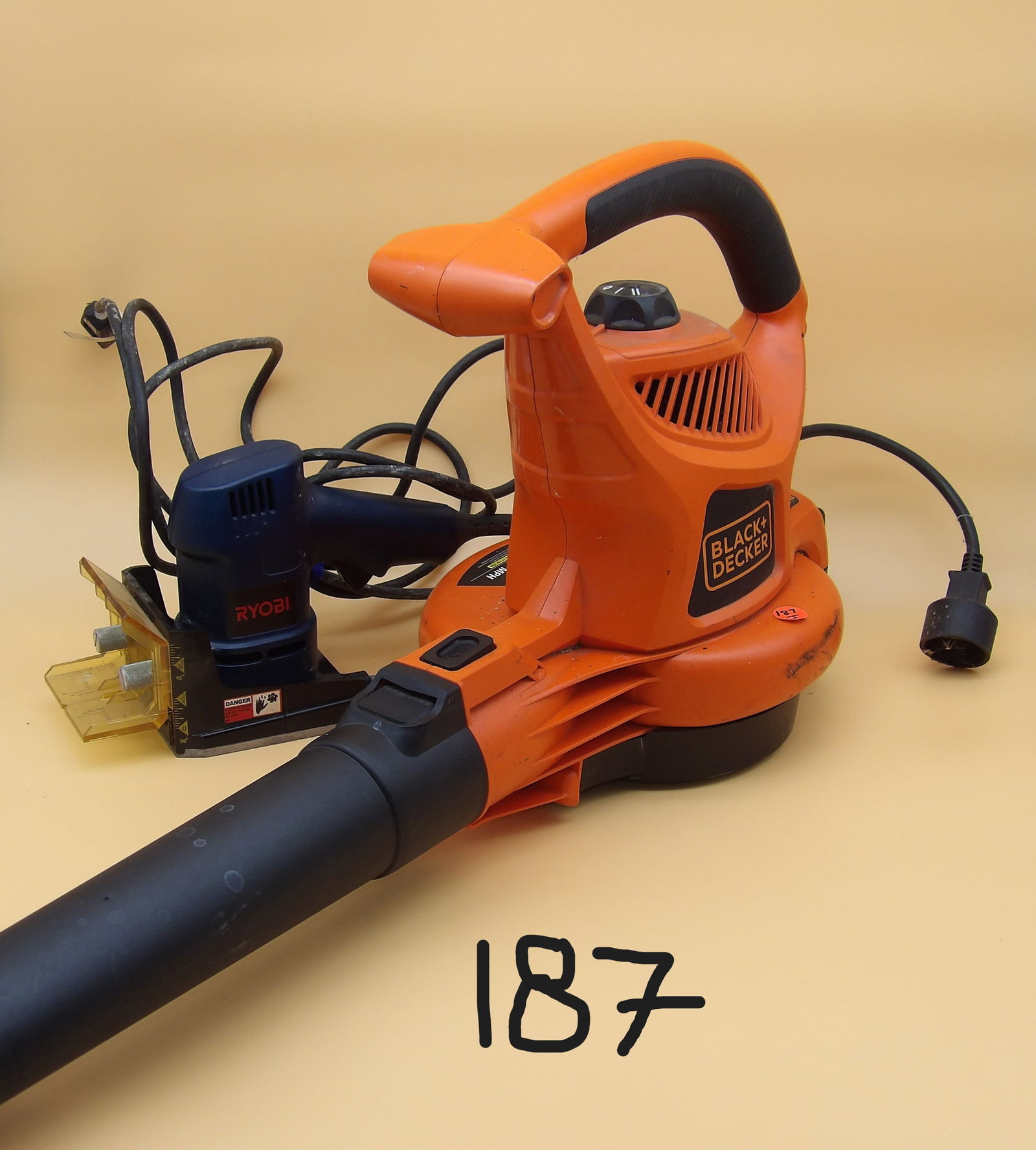 Black & Decker Electric Blower & Ryobi Detail Biscuit Joiner: This Black & Decker electric blower is model BV6000 Type 2. Measures 14" x 37". Also included is a Ryobi DBJ50 Detail Biscuit Joiner (7" x 13" x 4"). Does not include case.