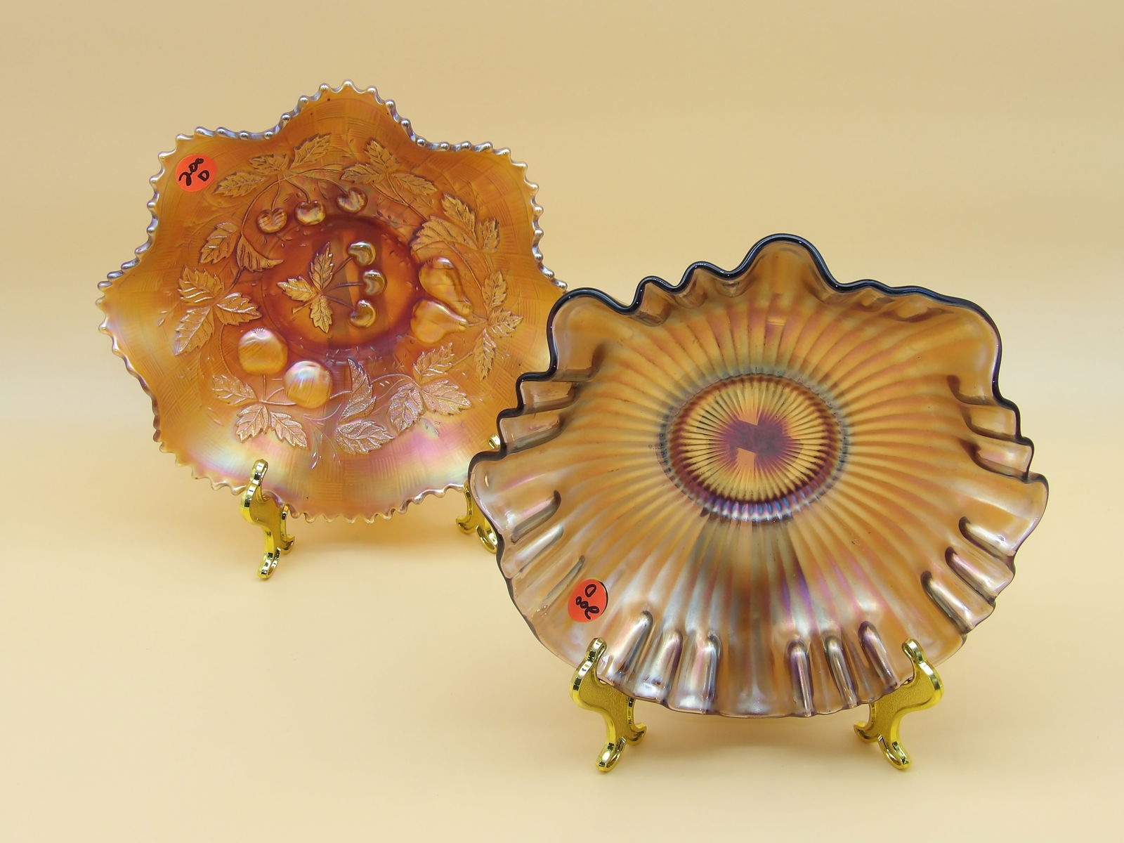 Northwood 3 Fruits Scalloped Bowl, Dugan Rays Scalloped Bowl: This lovely glass duo includes a Northwood '3 Fruits' Scalloped edge bowl (3" x 9"), and a Dugan "Rays" scalloped edge bowl (2.5" x 9"). Early 20th Century.