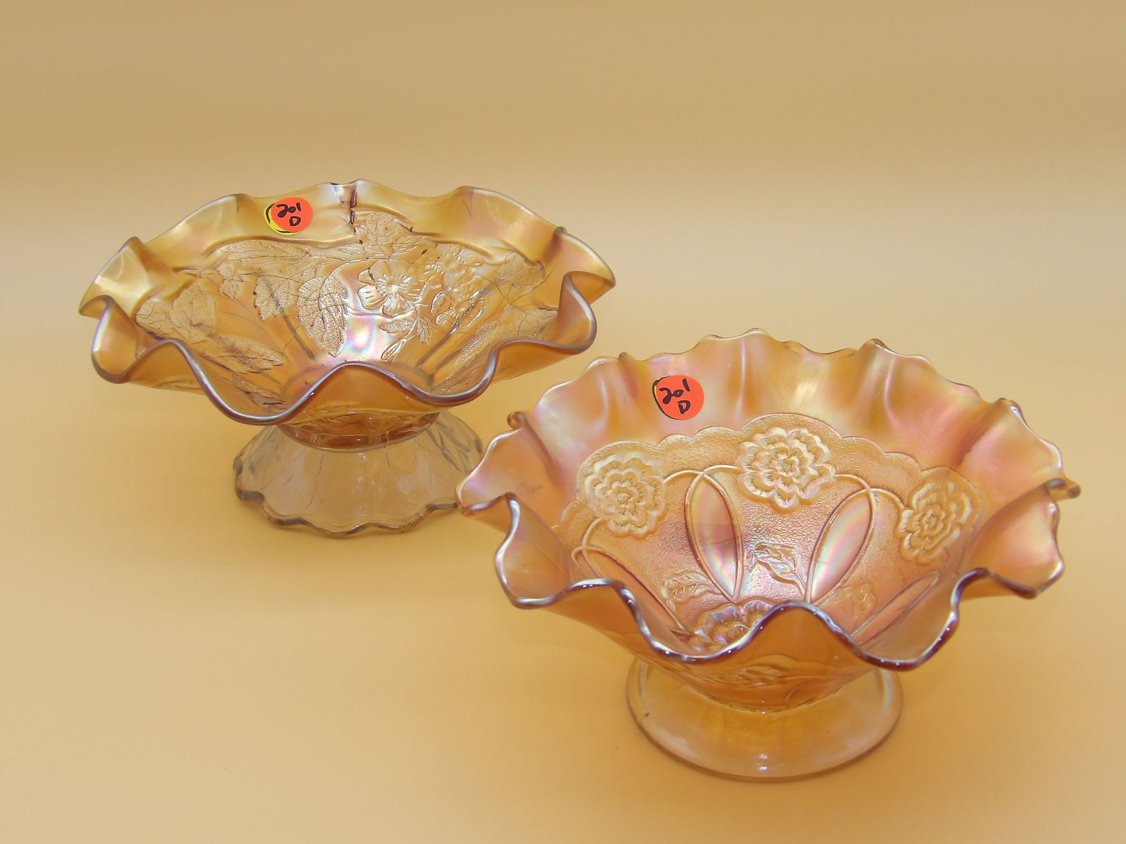 Dugan Marigold Double Stem Rose Bowl, Jeanette Iris & Herringbone Marigold Ruffled Bowl: This lovely glass trio includes a Dugan Marigold Double-Stem Rose pattern bowl (note seam cracks - 4" x 8.5"), and a Jeanette Iris & Herringbone Marigold ruffled bowl (3.5" x 8.5"). Early 20th