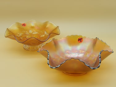 Dugan & Diamond Cosmos Variant Marigold Ruffled Fruit Bowl, Northwood 3 Fruits Ruffled Edge Bowl