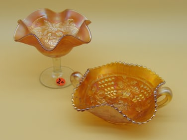 Northwood Marigold Grape & Cable Bon Bon Dish, Fenton Marigold Peacock & Urn Compote