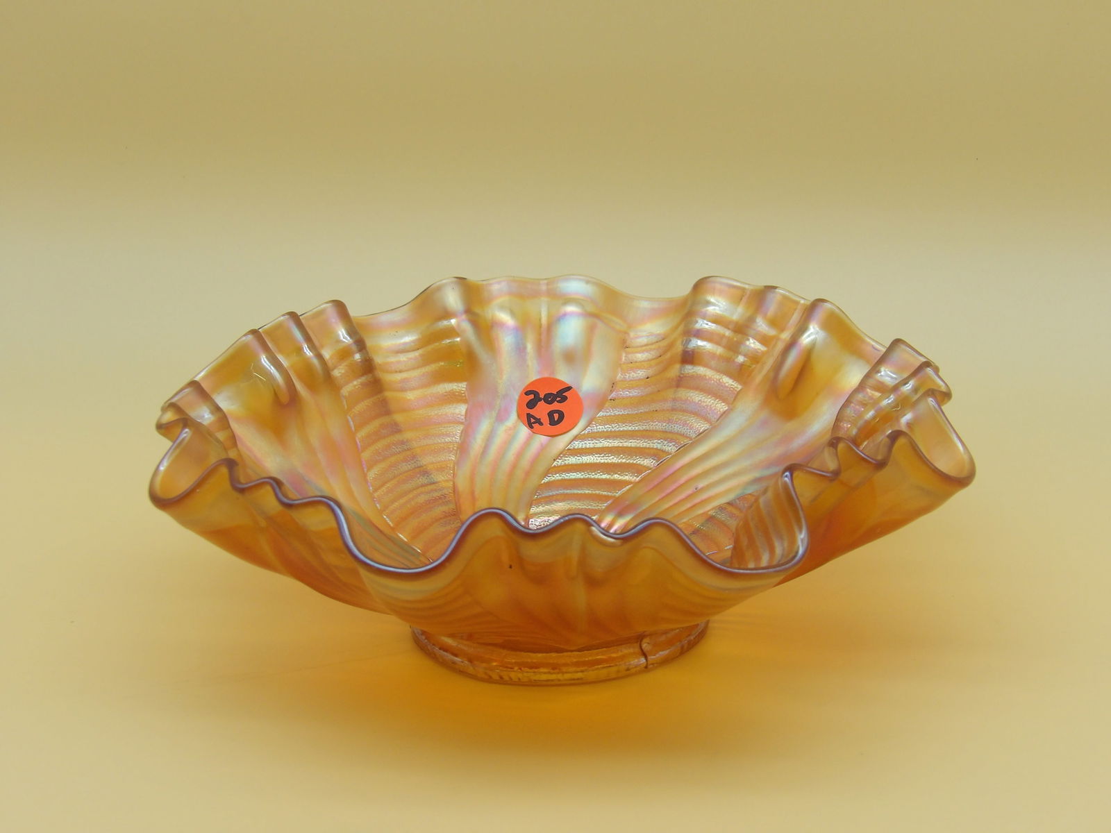 Fenton Ribbon Tie Scallop-Edge Bowl,: This impressive Fenton 'Ribbon Tie' scalloped bowl measures 3" x 8.5". Early 20th Century