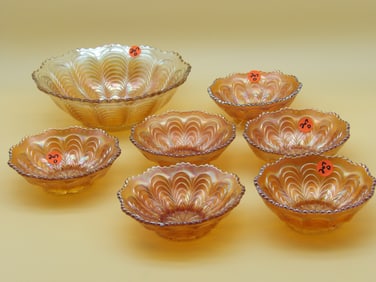 Fenton Peacock Tail Marigold Berry Bowl Set (7 pcs)