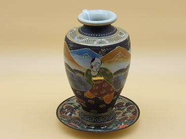 Satsuma-Style Moriage Vase and Nippon Handpainted Dish