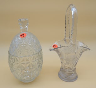 Duncan & Miller Glass Bride's Basket & Clear Glass Pineapple Candy Dish