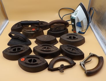 Vintage Sad Irons (14 pcs) and Proctor Silex Electric Iron