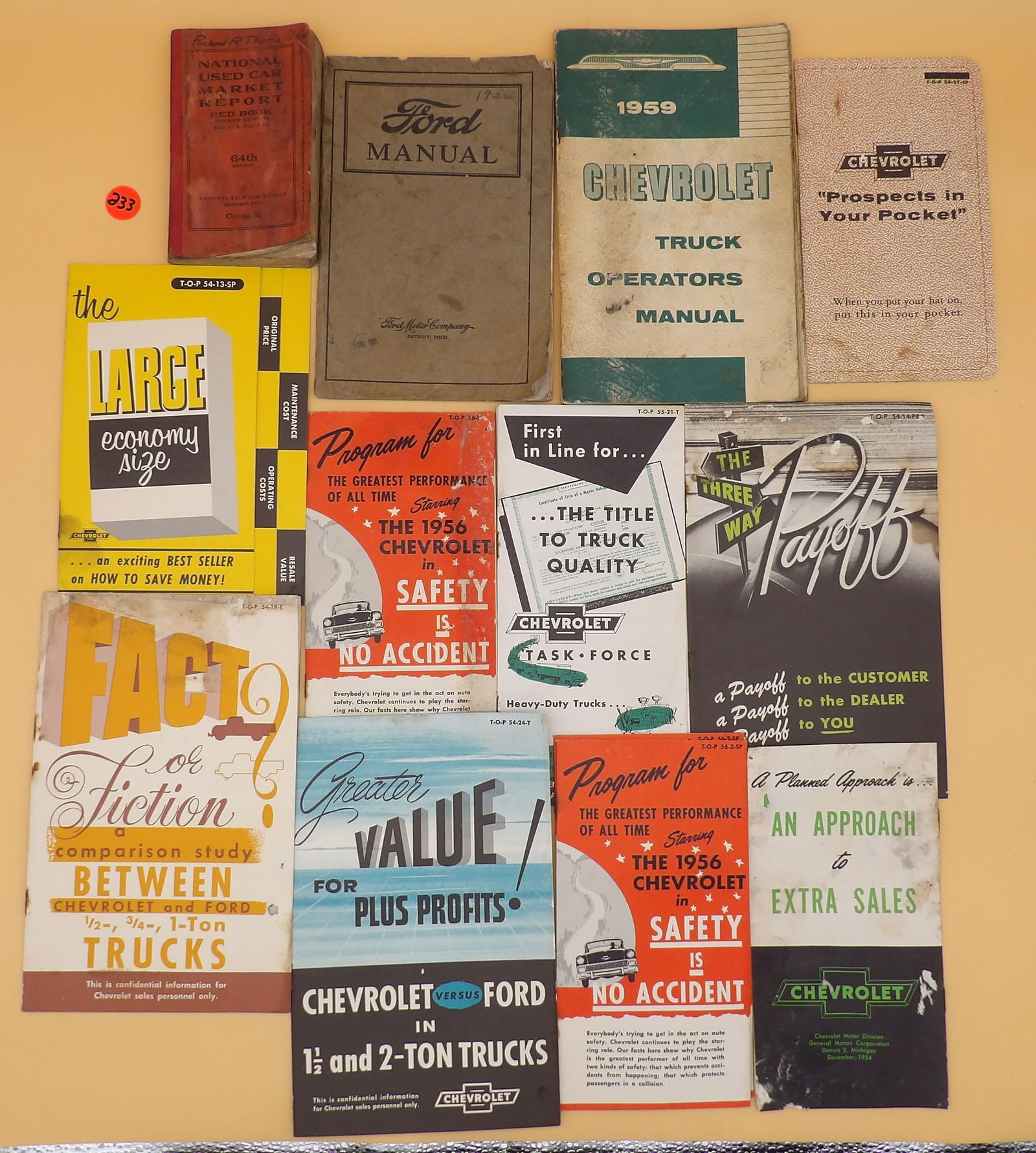 Automotive Vintage Pamphlets, Brochures, Salesman's Guides, etc 1920's-1970's (24 pcs): This awesome lot of 24 vintage automotive pamphlets, brochures, and salesman's guides includes: 1926 Ford Cars & Trucks Manual, 1959 Chevrolet Truck Operator's Manual, 1930 National Used Car Market Re