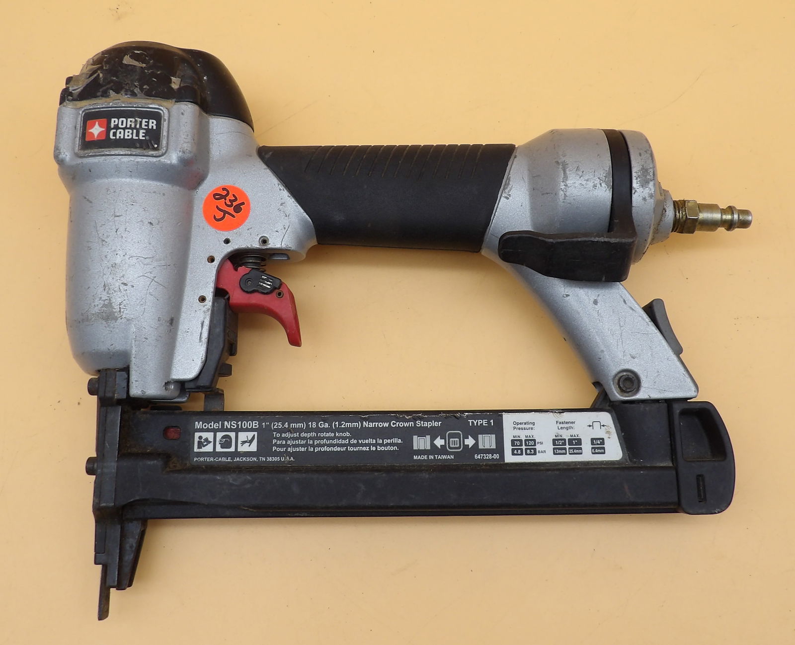 Porter-Cable NS100B 18-Gauge Narrow Crown Stapler: This Porter-Cable NS100B 18-Gauge Narrow Crown Stapler is a pneumatic tool that used compressed air. Has surface wear, but is intact and without damage. Measures 9" x 11". Does not include case.