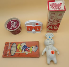 Howard Johnson's Coin Bank, Pillsbury Dough Boy Rubber Figure, Abbott's Carton, Seddon Farm Carton,