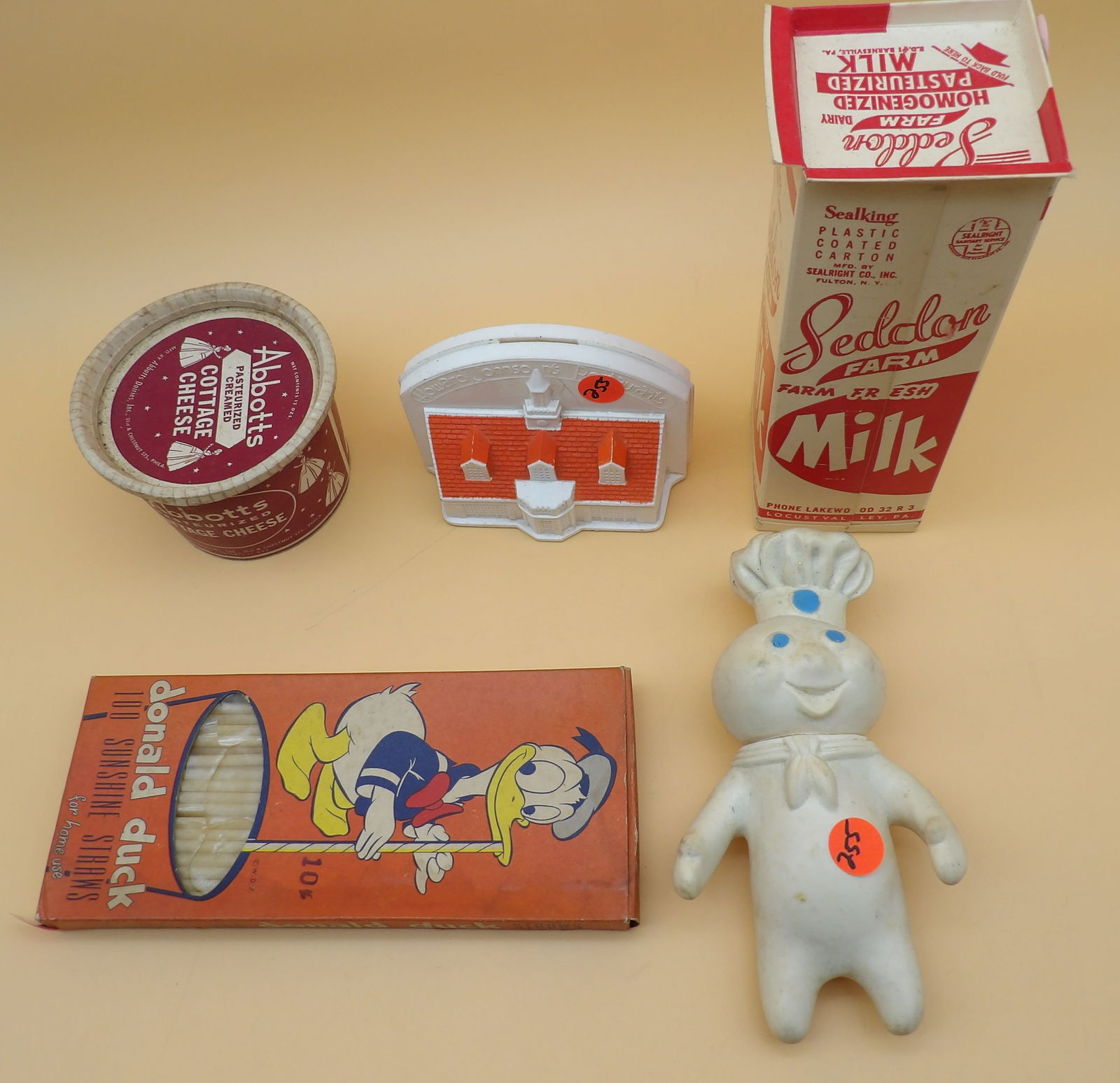 Howard Johnson's Coin Bank, Pillsbury Dough Boy Rubber Figure, Abbott's Carton, Seddon Farm Carton, (1 of 6)