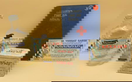 Caroid Tablet Advertisement Cards, Band-Aid Tin, Alkolave Bottle, Winner Turpentine Bottle,