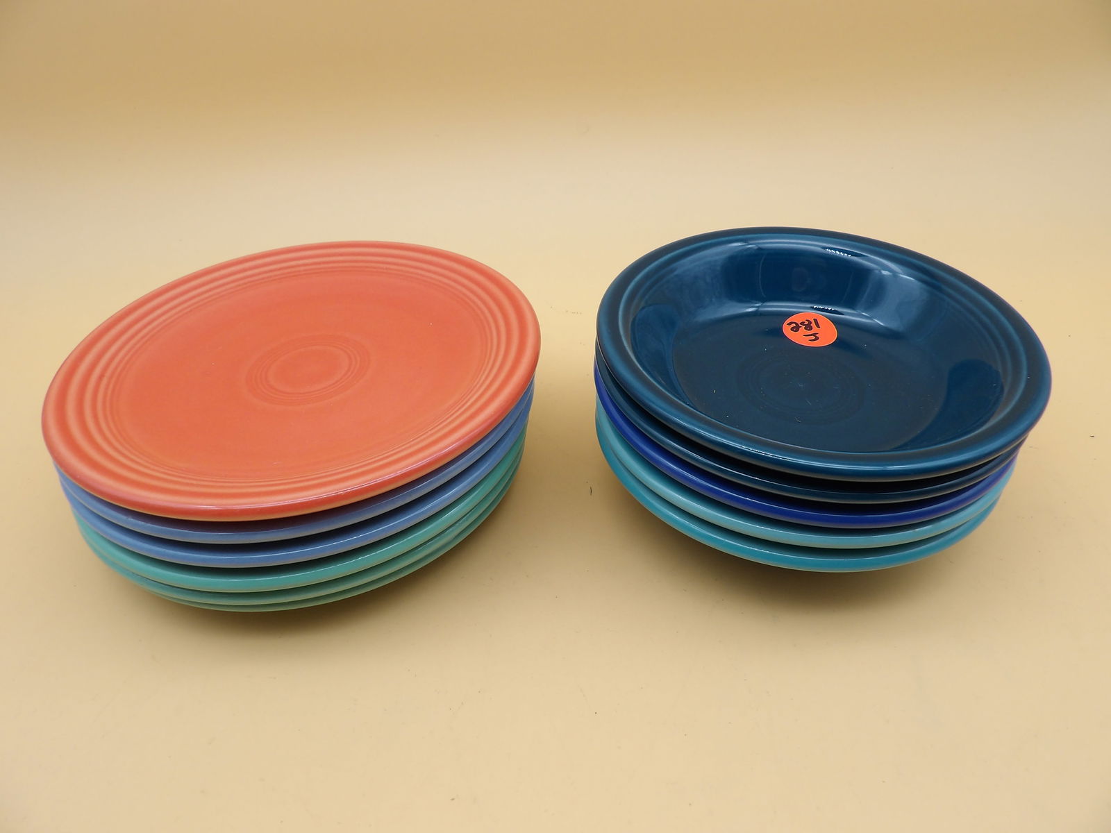 Fiestaware Plates (6) and Dipping Bowls (5): This modern-era Fiestaware lot includes 6 plates (Persimmon, Periwinkle, Sea Mist - 6.5") and 5 Dipping Bowls (Turquoise, Juniper, Peacock - 1.5" x 5.5").