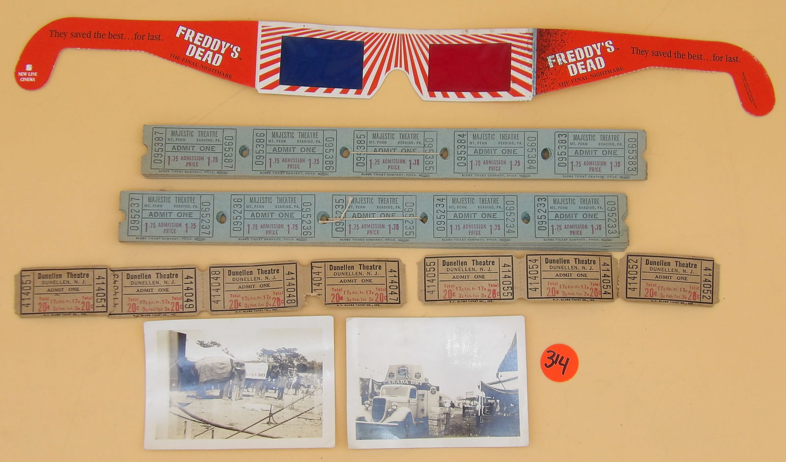 Freddy's Dead 3D Glasses, Majestic / Dunellen Theatre Tickets, Vintage Circus/Parade Photos: This lot includes a 1990's pair of 'Freddy's Dead' 3D glasses, two bundles of tickets from the Majestic Theatre in Reading PA, seven tickets from the Dunellen Theatre in Dunellen NJ, and two vintaeg