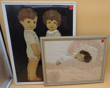 Mourning Baby & Paper Doll Children w/ Real Hair & Cloth