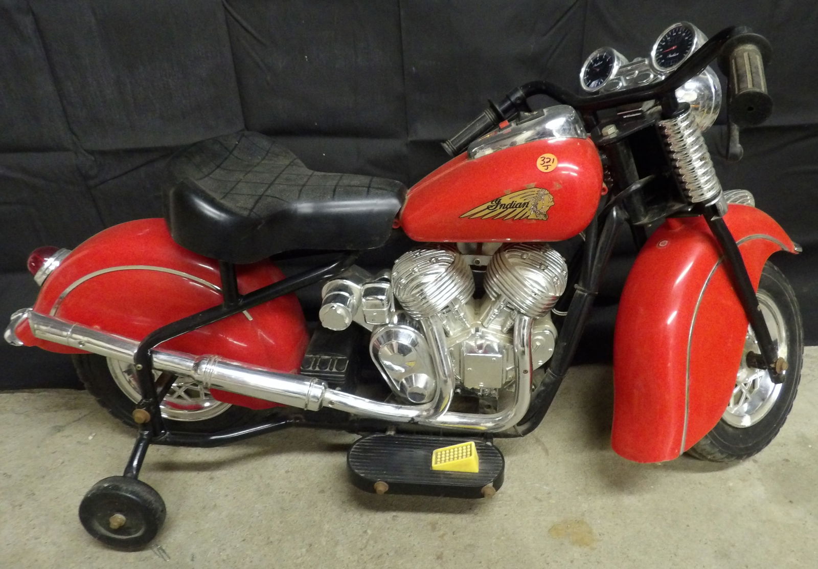 Indian Battery Powered Child's Motorcycle: This awesome Indian Motorcycle is battery powered and sized for small children. Measures 40" x 12" x 19". Not tested. NO SHIPPING ON THIS ITEM.