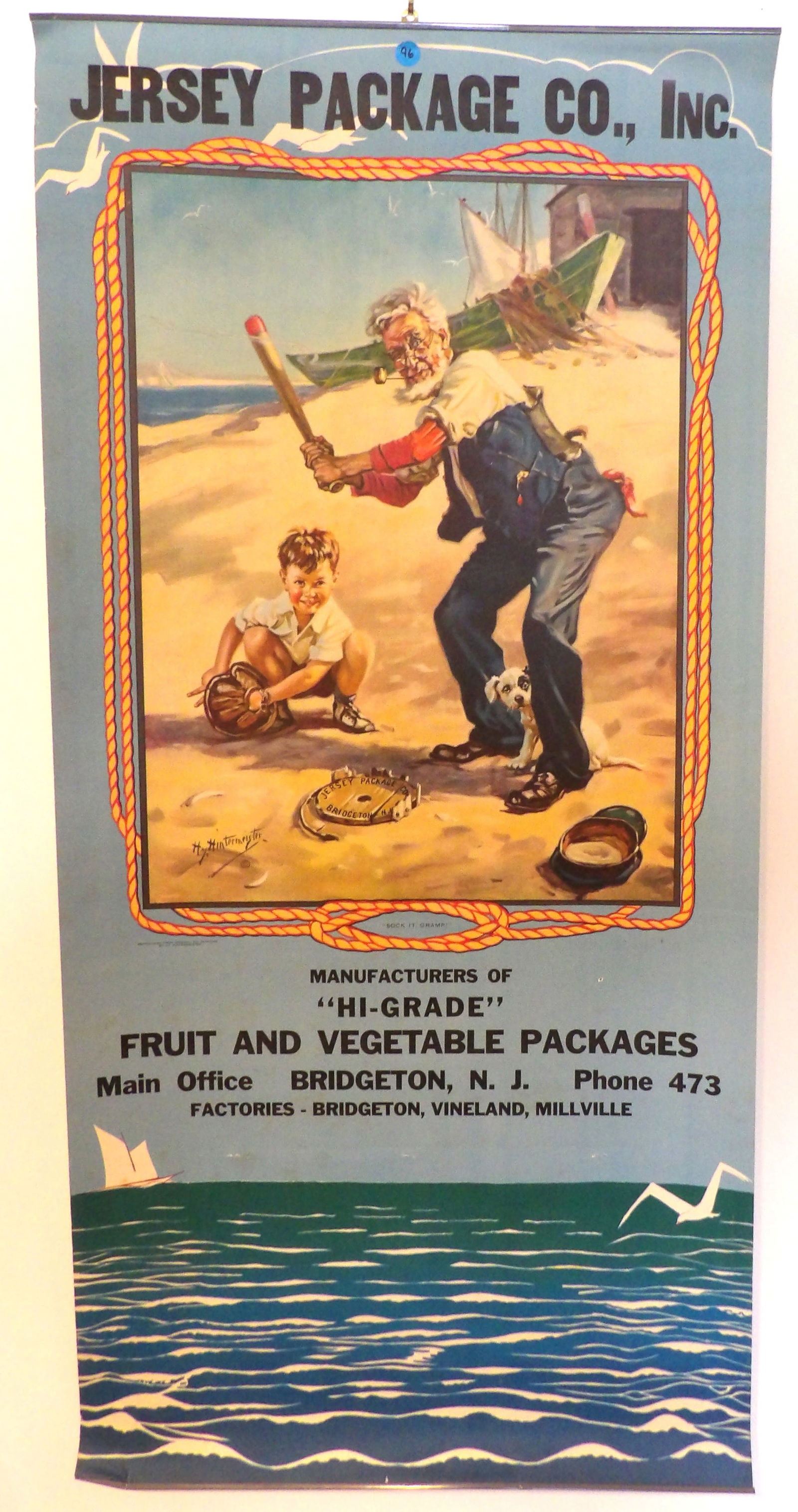 Jersey Package Co. Poster Sign w/ Hintermeister Print "Playing Baseball": This rare vintage poster sign for Jersey Packing Co. "Hi - Grade" Fruit & Vegetable Packages (Bridgeton NJ) features a Hy Hintermeister print of "Playing Baseball". Measures ____. Condition _____.