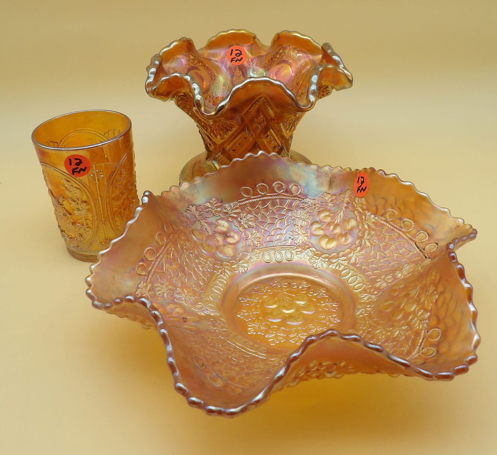 Fenton Bearded Berry Ruffled Bowl, Footed Bowl, and Tumbler: This lovely Fenton glass trio includes a 'Bearded Berry' ruffled bowl, footed bowl, and tumbler. Measures 5.5" x 7", 3" x 10", and 4" x 3".