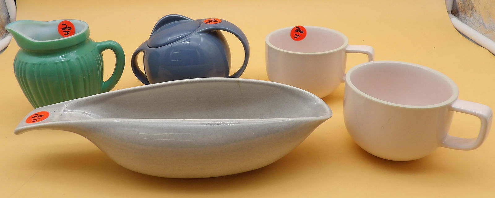Russel Wright Gravy Boat, Sasaki Mugs, Lidded Sugar Bowl, Hazel Atlas Platoniteware Creamer Pitcher (1 of 9)