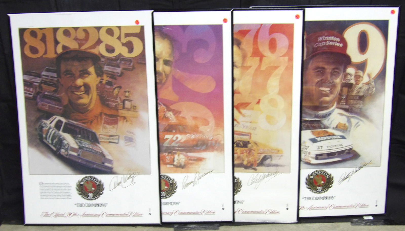 Framed Winston Cup 20th Anniversary Posters (4): This collection of four Winston Cup racing posters includes legendary past winners: Rusty Wallace, Cale Yarborough, Benny Parsons, and Darrell Waltrip. Celebrates Winston Cup 20th Anniversary in
