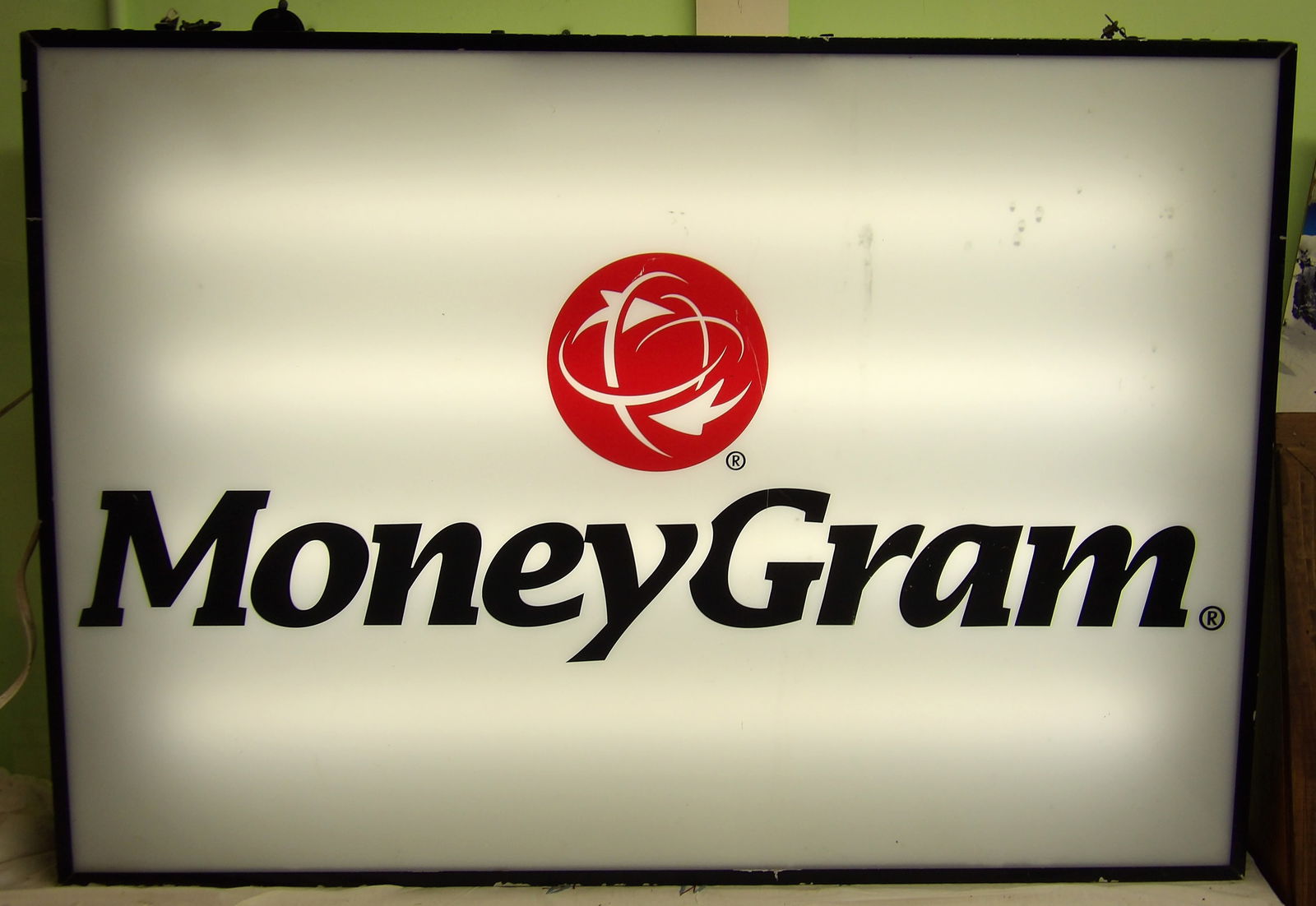 MoneyGram Light Up Box Sign: This light up box sign features the MoneyGram logo and lights up (tested / works). Measures 42.5" x 30".